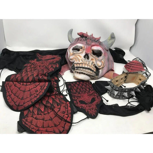 Skeleton horned halloween mask with cape, shin covers etc All items shown included - good condition A+ Stuff A+ Stuff Costumes