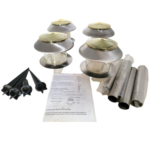 Solar Powered Landscaping Lights w poles, stakes and instructions shown