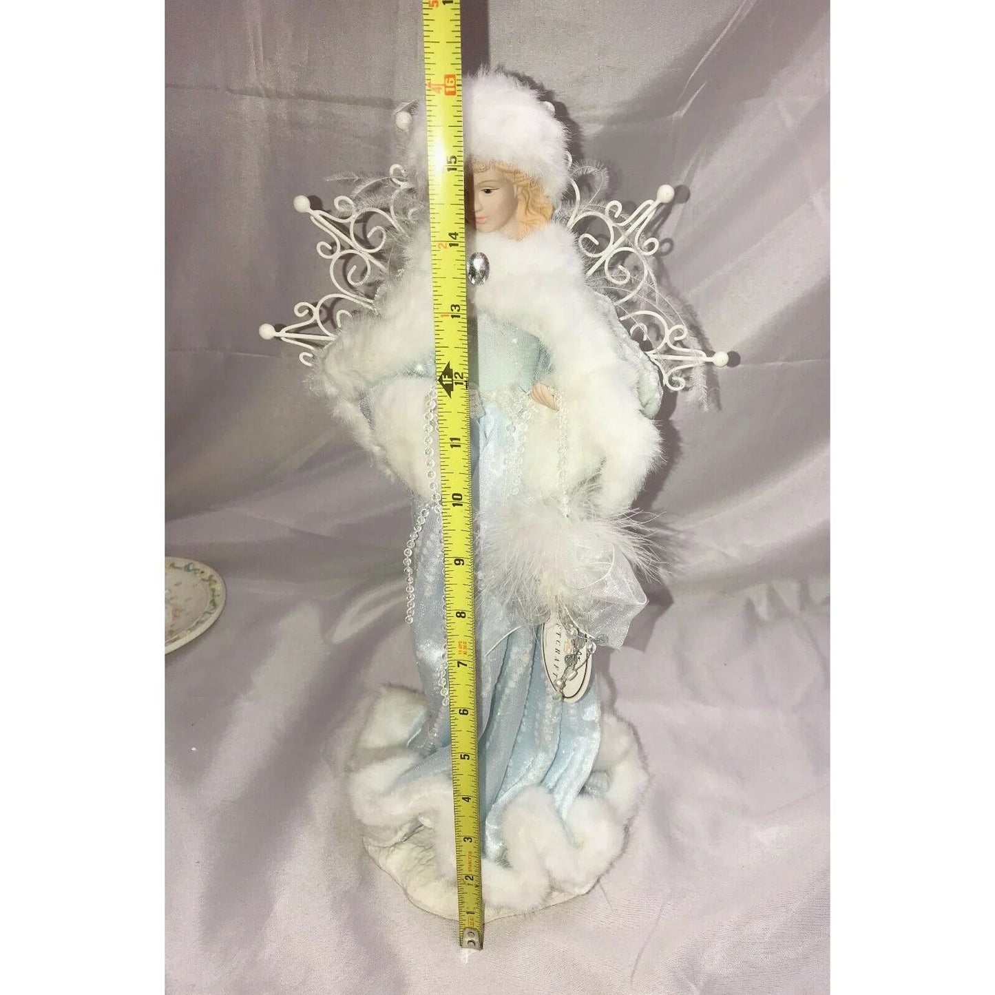 Porcelain Christmas Angel on Base White Fur & Blue Gem Beads Gown Unbranded A+ Stuff Dolls