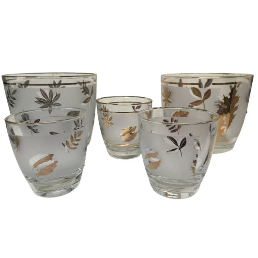 Vintage Cocktail Set 2 Icebuckets, Tumblers & Shot or fruit cups - 10 pieces all together frosted glass with leaves Libbey Glass A+ Stuff
