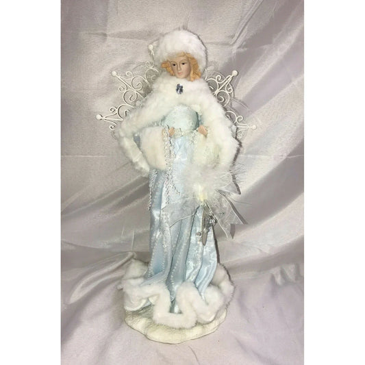 Porcelain Christmas Angel on Base White Fur & Blue Gem Beads Gown Unbranded A+ Stuff Dolls