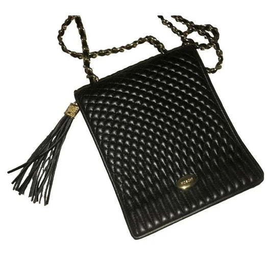 KOSHI - compact women's shoulder or crossbody bag - black textured purse with chain-looking strap - Black with brass hardware - tassels - Te koshi A+ Stuff Handbags