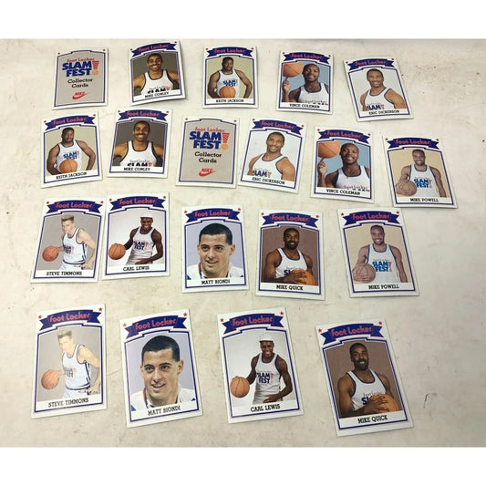 Assorted Foot Locker Slam Fest collector sports trading cards featuring athletes on a table