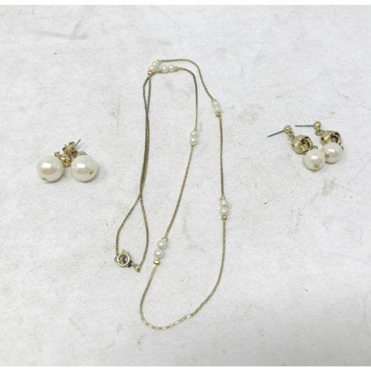 Faux Pearl EARRING and NECKLACE SET Gold Tone 2 Pairs of earrings