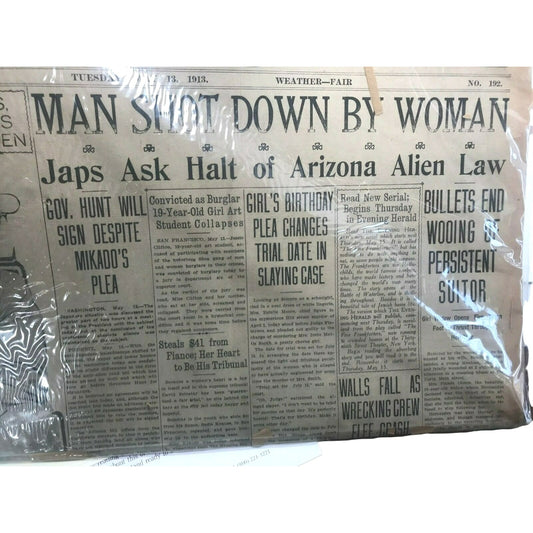 'MAN SHOT DOWN BY WOMAN' 'Japs ask for ..." ANTIQUE NEWSPAPER Los Angeles Evening News May 13, 1913