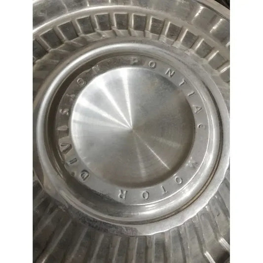 Mid Century "Pontiac Motor Division" Hubcaps / Wheelcovers - some wear / markings from age. Vintage Car Replacement Part PONTIAC