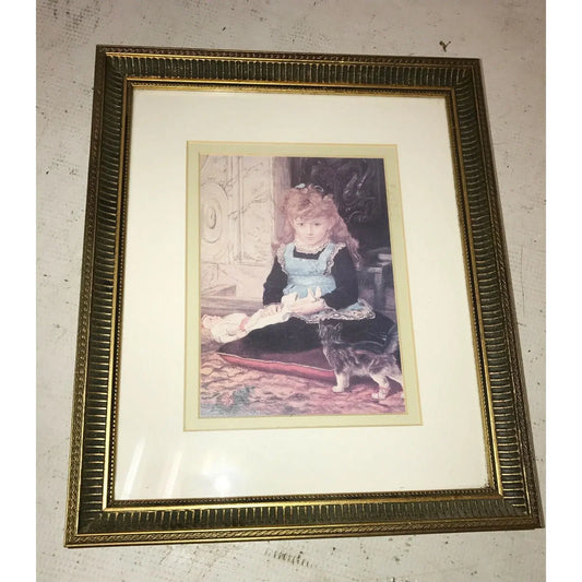 GIRL w Doll and KITTEN a WINDSOR Art Print Matted w DETAILED Frame A+ Stuff