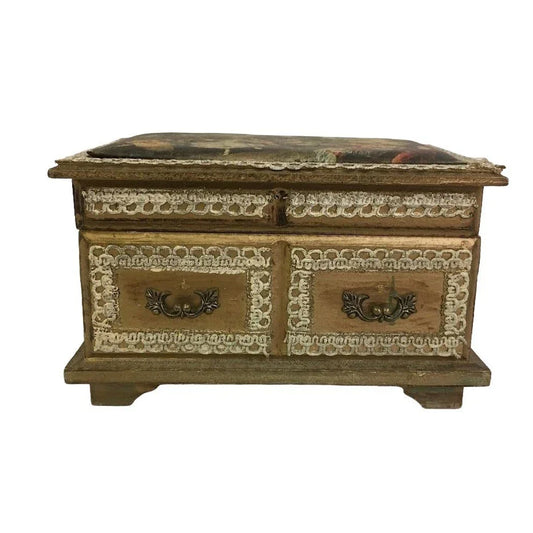 Vintage PRESTIGE Japan Jewelry box with renaissance scene on lid - beautiful old jewelry box - approx 8" wide and 5" tall A+ Stuff A+ Stuff Jewelry Holders