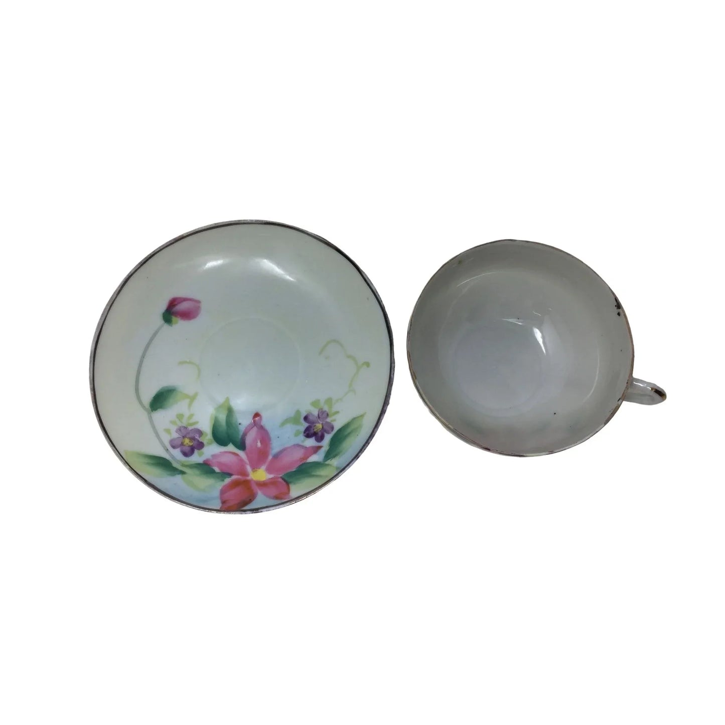 Vintage Hand painted Tea Cup and Saucer Set Pink and Purple Flowers with Leaves A+ Stuff A+ Stuff