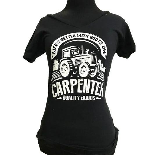 'Life's Better with Boots On' Carpenter Quality Goods V Neck Country Style Women's Tee Shirt (size large, XL, 2XL) Carpenter Quality Goods A+ Stuff Shirts & Tops