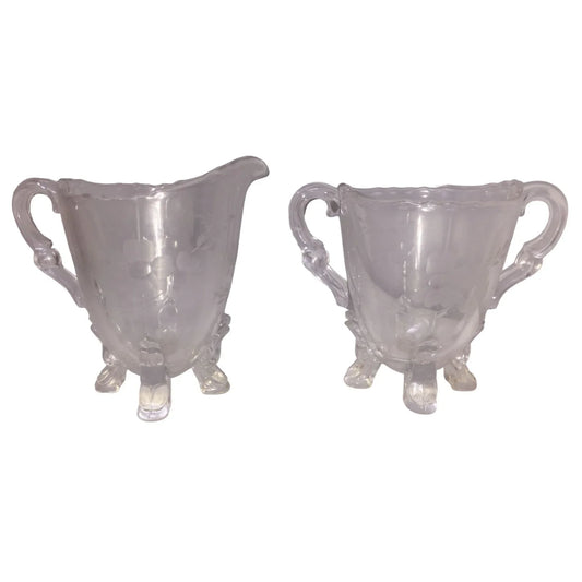 Vintage Etched Crystal Cream and Sugar Set - Pretty Larger petal Flower Pattern A+ Stuff A+ Stuff