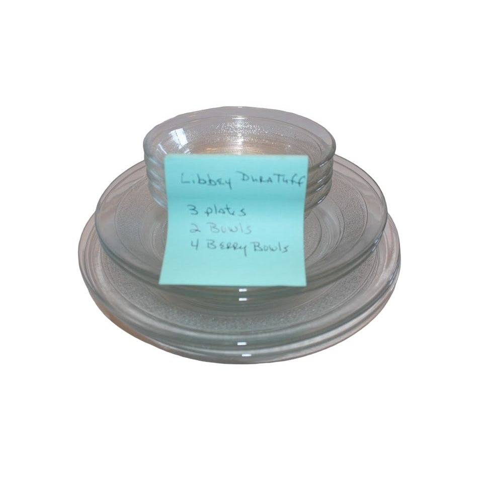 UMB242 - Libbey DuraTuff Dishes - clear glass with frosted look textures - 3 9" Plates 2 Bowls 4 Berry bowls