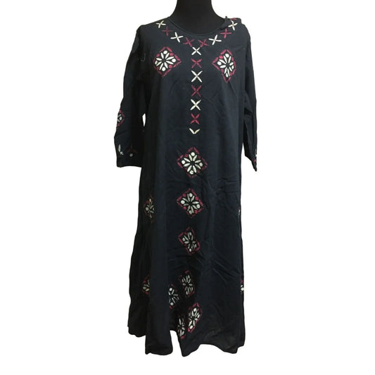 Black Cotton Kaftan (caftan) with red and white Stamped snowflake / red pattern A+ Stuff A+ Stuff