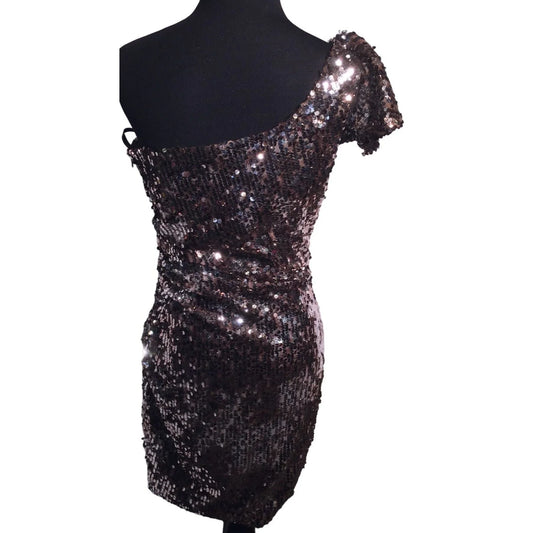 Evening Cocktail Dress - Bronze Tone Sequin one Shoulder Mini Dress Size 7 Windsor A+ Stuff