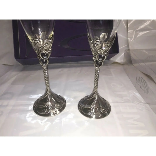 Pair WEDDING Toasting Flutes w Hearts Silver Base Etched 'R' & 'H' Unbranded