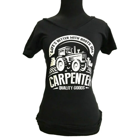 'Life's Better with Boots On' Carpenter Quality Goods V Neck Country Style Women's Tee Shirt (size large, XL, 2XL) Carpenter Quality Goods A+ Stuff Shirts & Tops