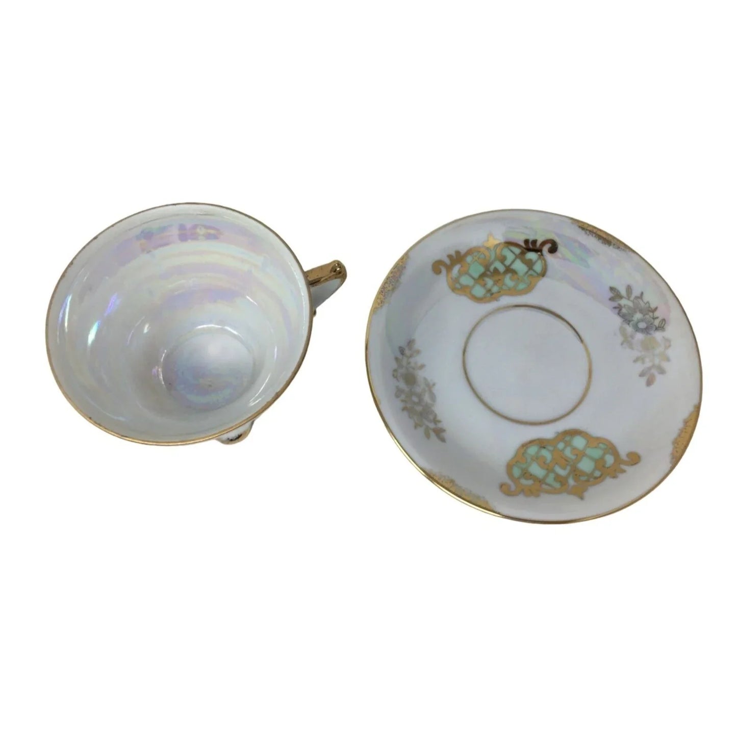 Family Crest Looking Pattern on this Iridescent Cup and Saucer Set - Gol Art / Filigree Accents - Great Find! A+ Stuff A+ Stuff