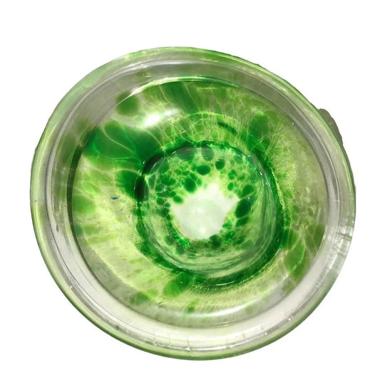 Pretty GREEN Art Glass Dish or Holder - green and bubble spatter look - clear dish or holder RIng Top and flat bottom to sit upright A+ Stuff A+ Stuff Glass