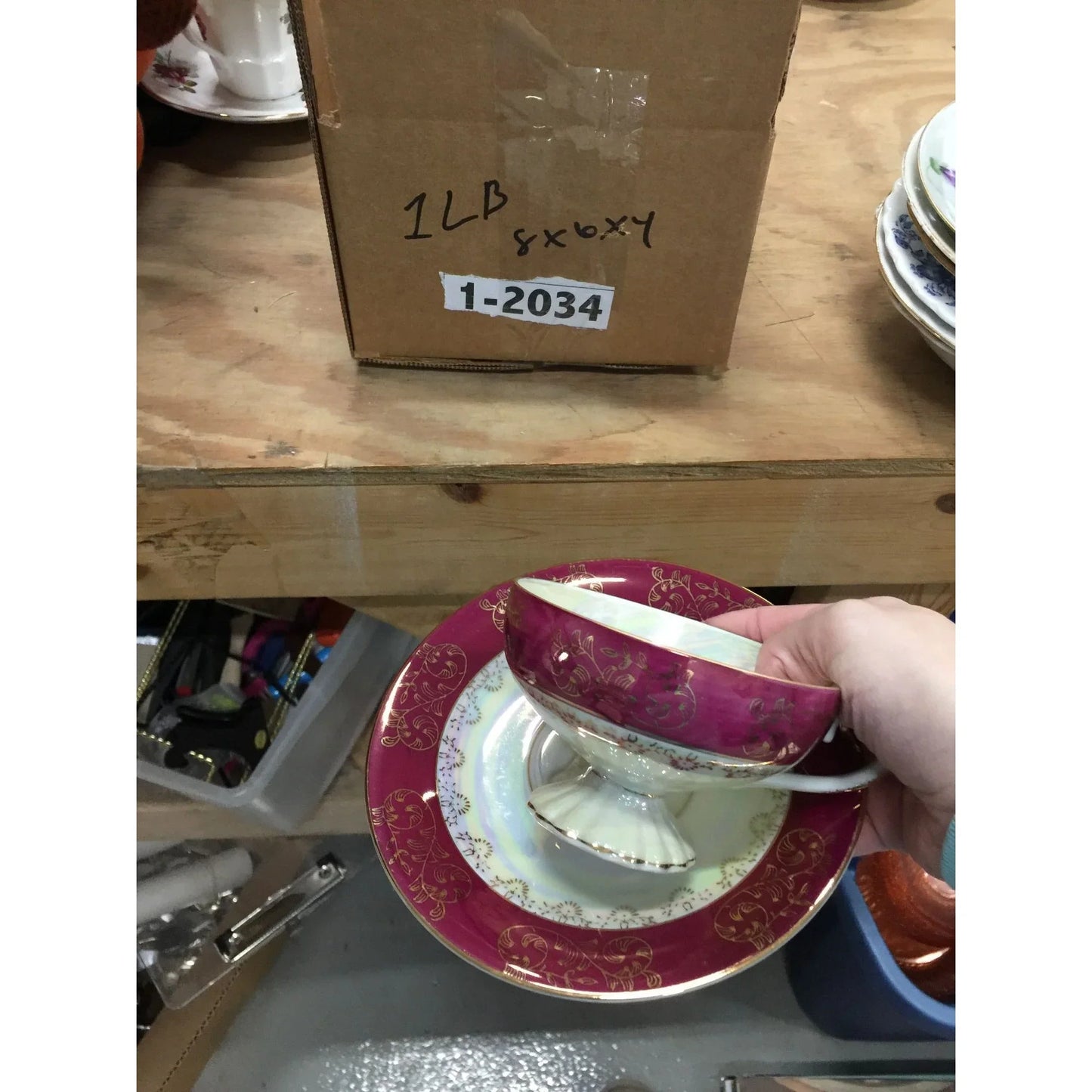 Beautiful Teacup and Saucer Set - Red and White with Gold Accents - Footed Teacup w Iridescent Finish A+ Stuff A+ Stuff