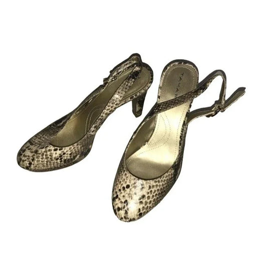Thari Snakeskin Texture heels - round toe with open heel and over heel buckle strap - 4" Heel believe they are womens size 8-8.5 thari A+ Stuff Shoes