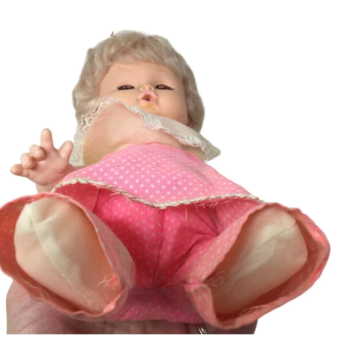 Big Eyed Vintage Baby Doll in Pink Polka Dot Outfit - Short Blonde Hair - Sweet Face A+ Stuff A+ Stuff