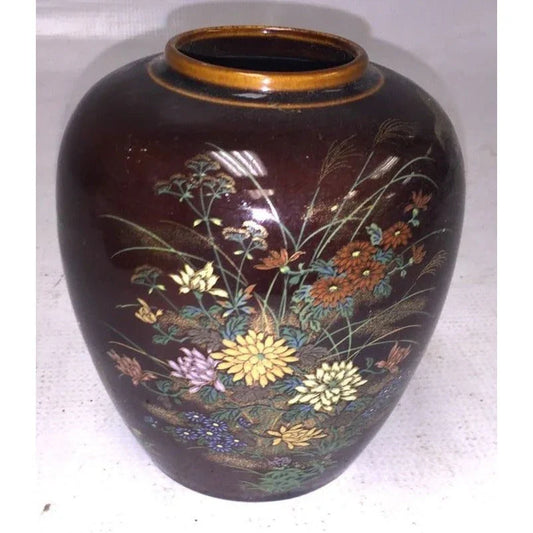 Japanese Brown Jar with pretty floral design handpainted on - metallic looking and colored paint on shiny brown finish A+ Stuff A+ Stuff Vases