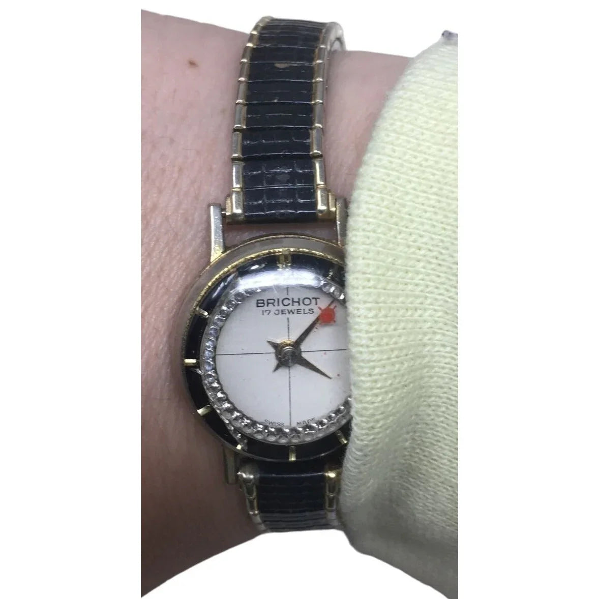 Brichot 17 Jewels Watch - Black and Gold band with rhinestones around face - Brichot 17 jewels A+ Stuff