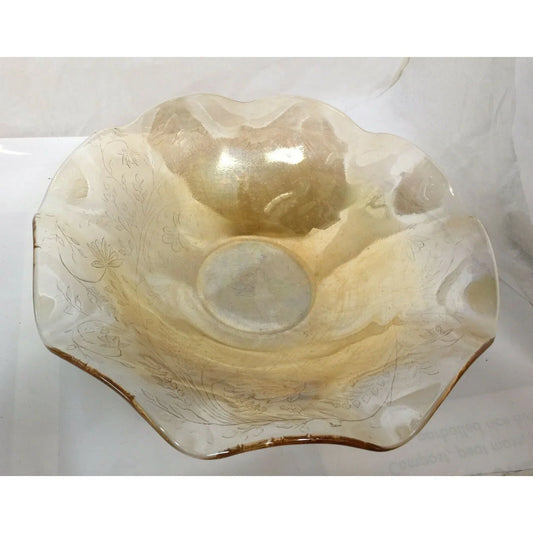 FRUIT BOWL Peach Marigold CARNIVAL GLASS Iris Pattern Flowing Edge A+ Stuff A+ Stuff Glass