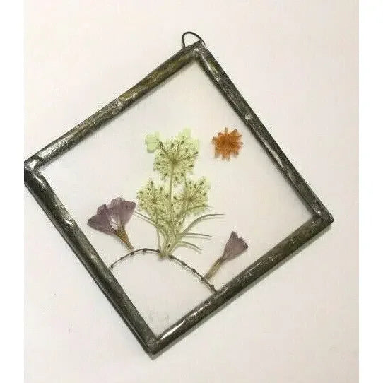 Pressed flowers and dried plants displayed in a square glass hanging frame.