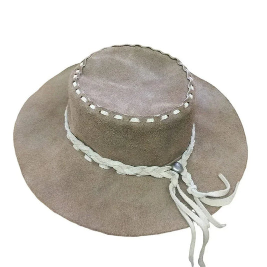 Suede Cowboy or Adventurer Hat - Light brown/tan and beige - Large suede strip seams and braided suede band. Unsure of size A+ Stuff A+ Stuff Hats