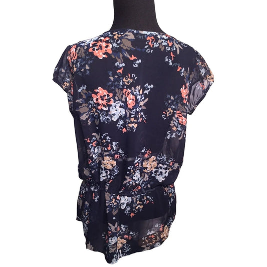 A New Approach (a.n.a.) Womens Blouse Blue awith Floral Print - Size PM Petite Medium ANA A New Approachi A+ Stuff