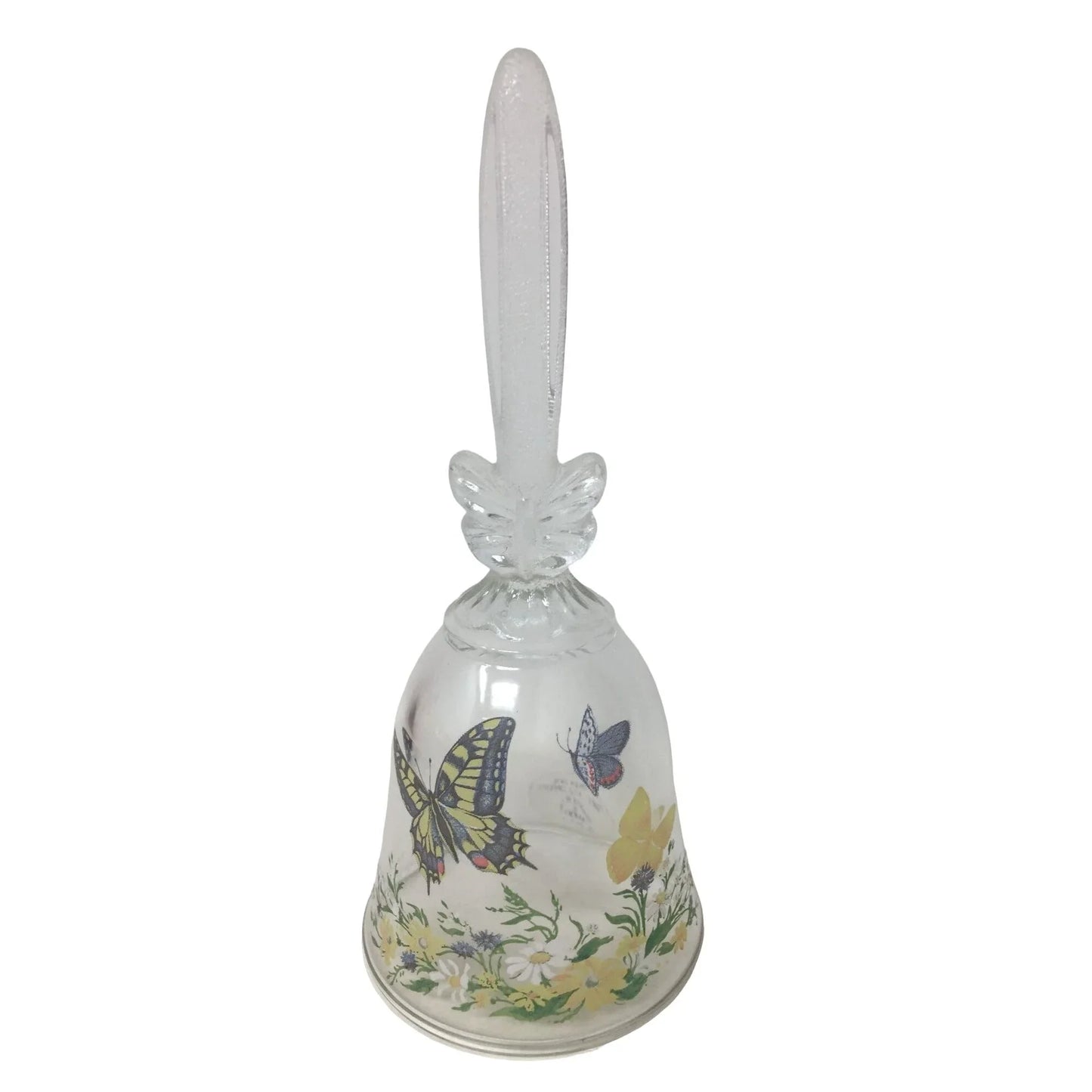 Vintage 1990 Collectible AVON Crystal Glass Handled Bell with Butterflies and Flowers Printed on it Avon A+ Stuff