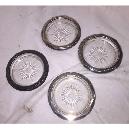 SIlverplate Coaster Set (4) Silverplate ring around outside Cut Glass Center with pretty Pattern - Unbranded