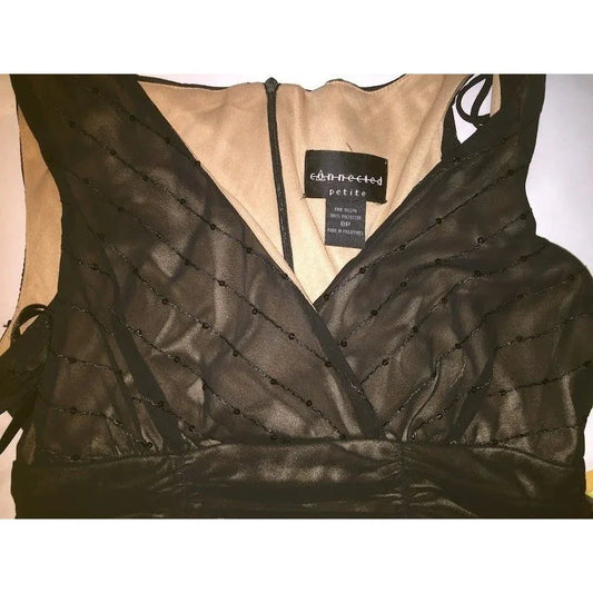 Connected Women's Black Cocktail Dress - Sheer black over nude bodice/ liner - Size 8 Petite - sequin accents on top half of dress Evening D connected A+ Stuff Dresses