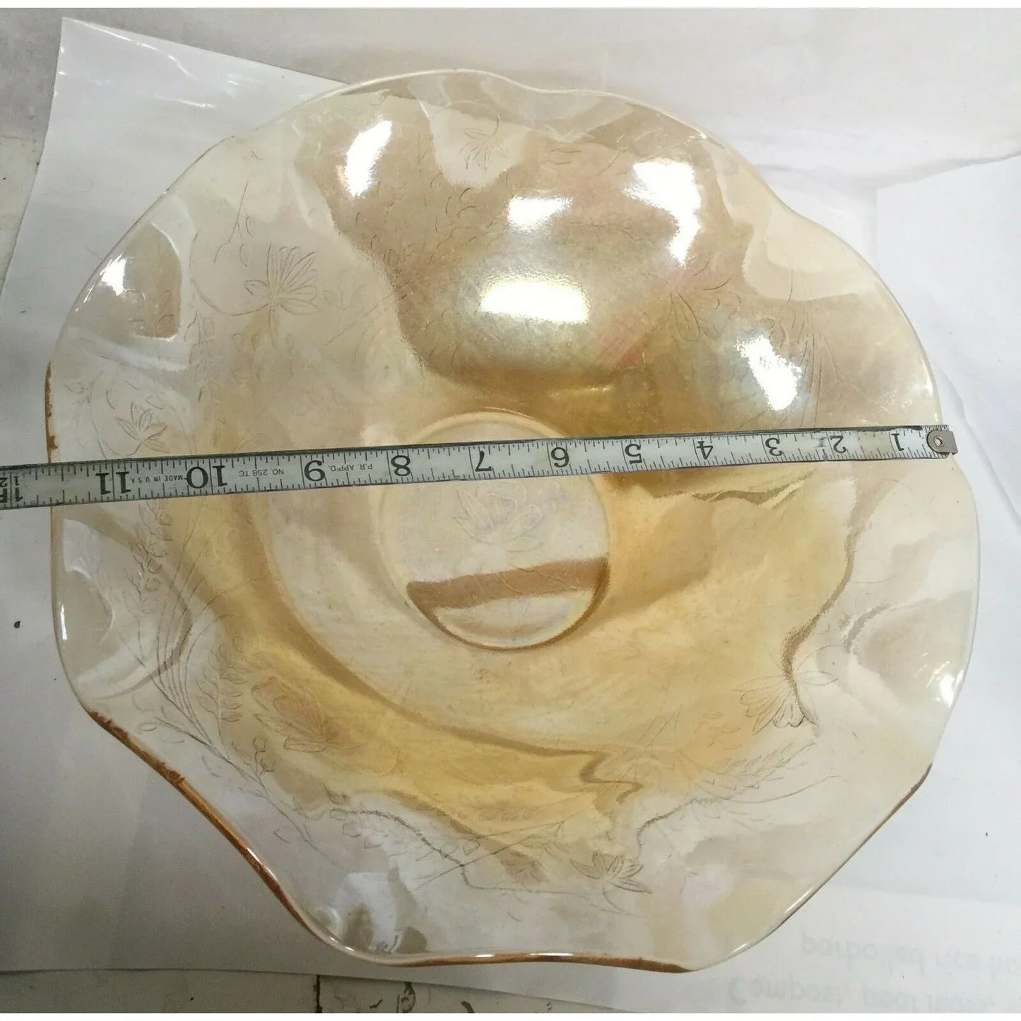 FRUIT BOWL Peach Marigold CARNIVAL GLASS Iris Pattern Flowing Edge A+ Stuff A+ Stuff Glass