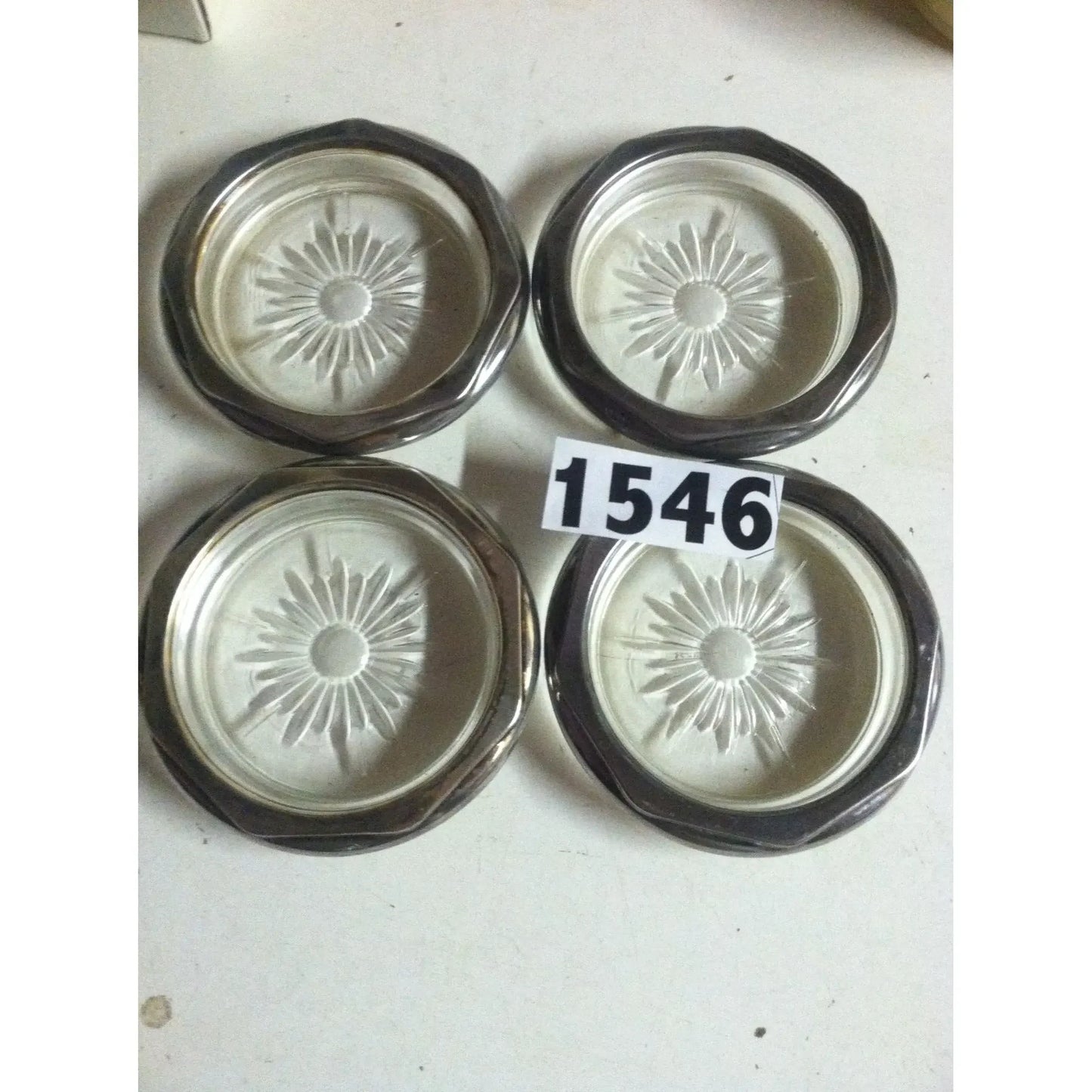 SIlverplate Coaster Set (4) Silverplate ring around outside Cut Glass Center with pretty Pattern - Unbranded