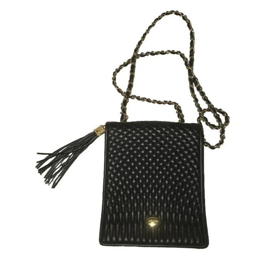 KOSHI - compact women's shoulder or crossbody bag - black textured purse with chain-looking strap - Black with brass hardware - tassels - Te koshi A+ Stuff Handbags