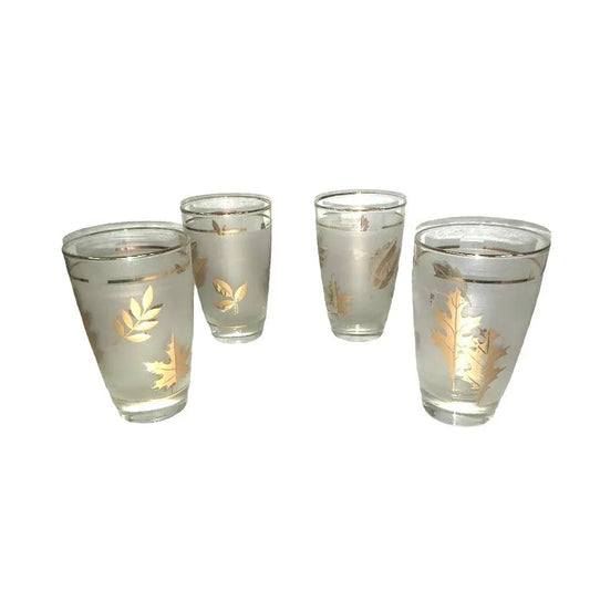 Set of 4 Frosted glass Glasses with GOLD FOIL Leaf Art Imprints and Accents - Each approx. 5" Tall A+ Stuff A+ Stuff Glass