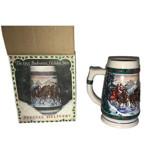 Budweiser 'SPECIAL DELIVERY ' Holiday Beer Stein - Winter Snowy Scene with Clydesdale horses and Budweiser sleigh -Very good condition in or budweiser A+ Stuff Mugs