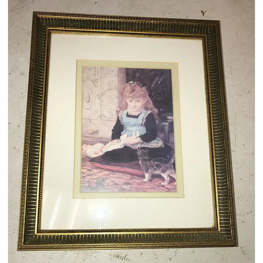GIRL w Doll and KITTEN a WINDSOR Art Print Matted w DETAILED Frame A+ Stuff