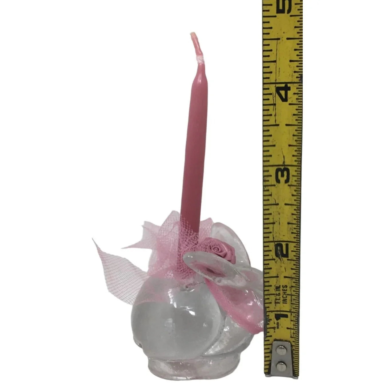 Small Clear Glass Rabbit Candlestick Holder - 4" Pink Candle (thin) Bow on Bunny - Cute A+ Stuff A+ Stuff