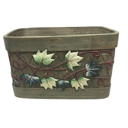 Pretty Greenish Basket with Wide Edges and Painted on Leave and branches to decorate the front. A+ Stuff A+ Stuff