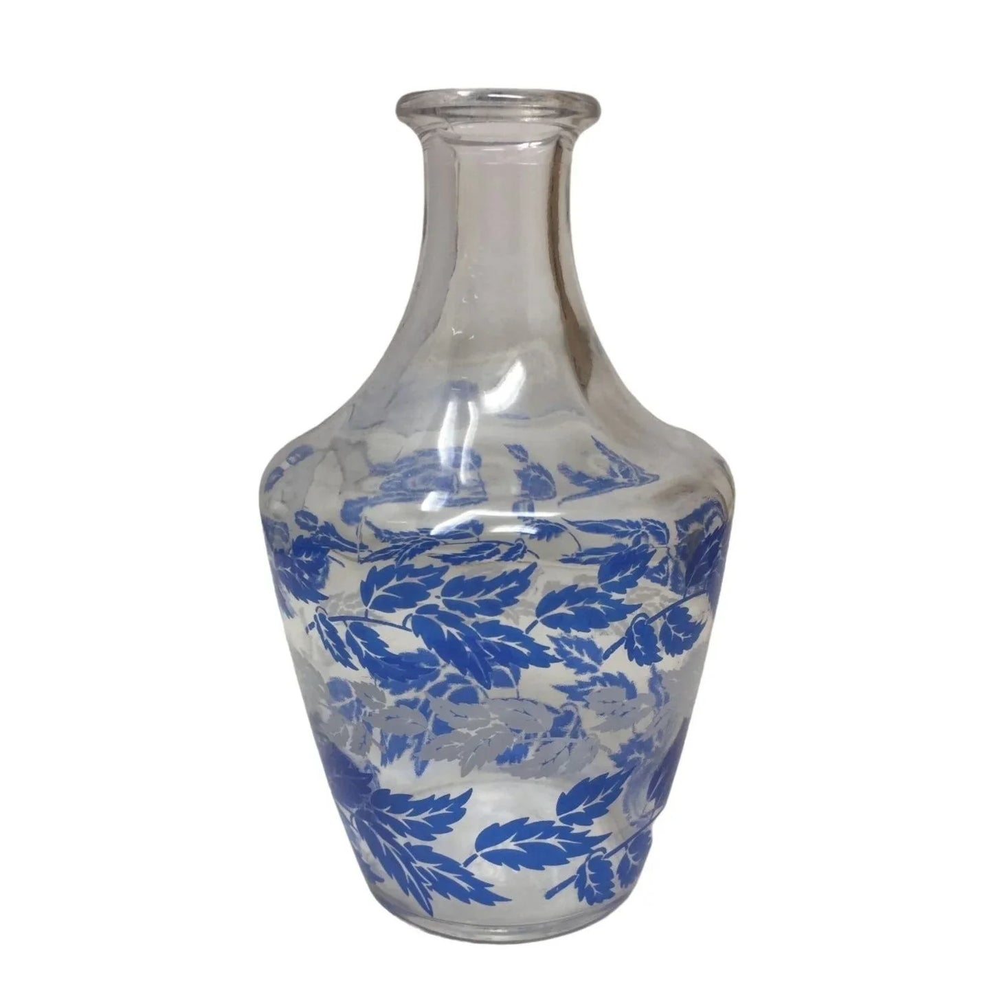 Vintage Clear Glass Carafe with Blue and White Leaf Pattern "FRANCE" on Bottom A+ Stuff A+ Stuff