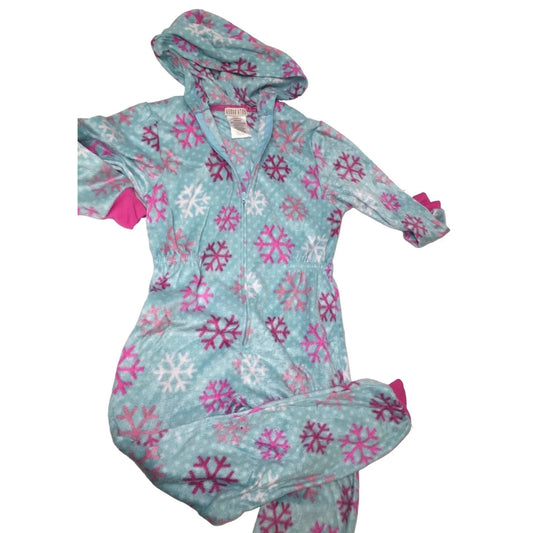 Komar Kids Blue one Piece Pajamas with pink snowflakes and cuffs and hood Size 6 Komar Kids A+ Stuff