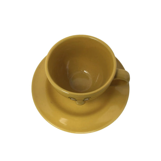 Vintage Mustard Yellow Smiling Face Cup and Saucer Set - 3d Nose - Cute Features A+ Stuff A+ Stuff