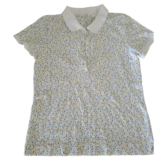 LizGolf Women's Golf Polo Size S (small) Miniature blue, yellow and gray dots and circles LizGolfrt A+ Stuff