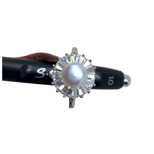 Sterling Ring - Large Pearl-like stone with Pretty Burst of gems surrounding Pretty!