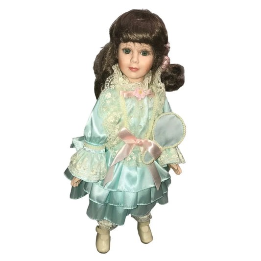 bright eyed porcelain doll - limited edition approx 16" tall (numbered) long brown hair faux mirror accessory and stand included A+ Stuff A+ Stuff Collectible Doll