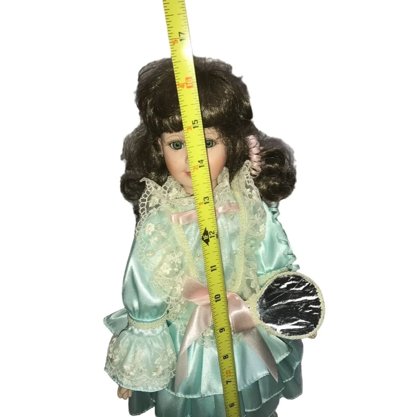 bright eyed porcelain doll - limited edition approx 16" tall (numbered) long brown hair faux mirror accessory and stand included A+ Stuff A+ Stuff Collectible Doll