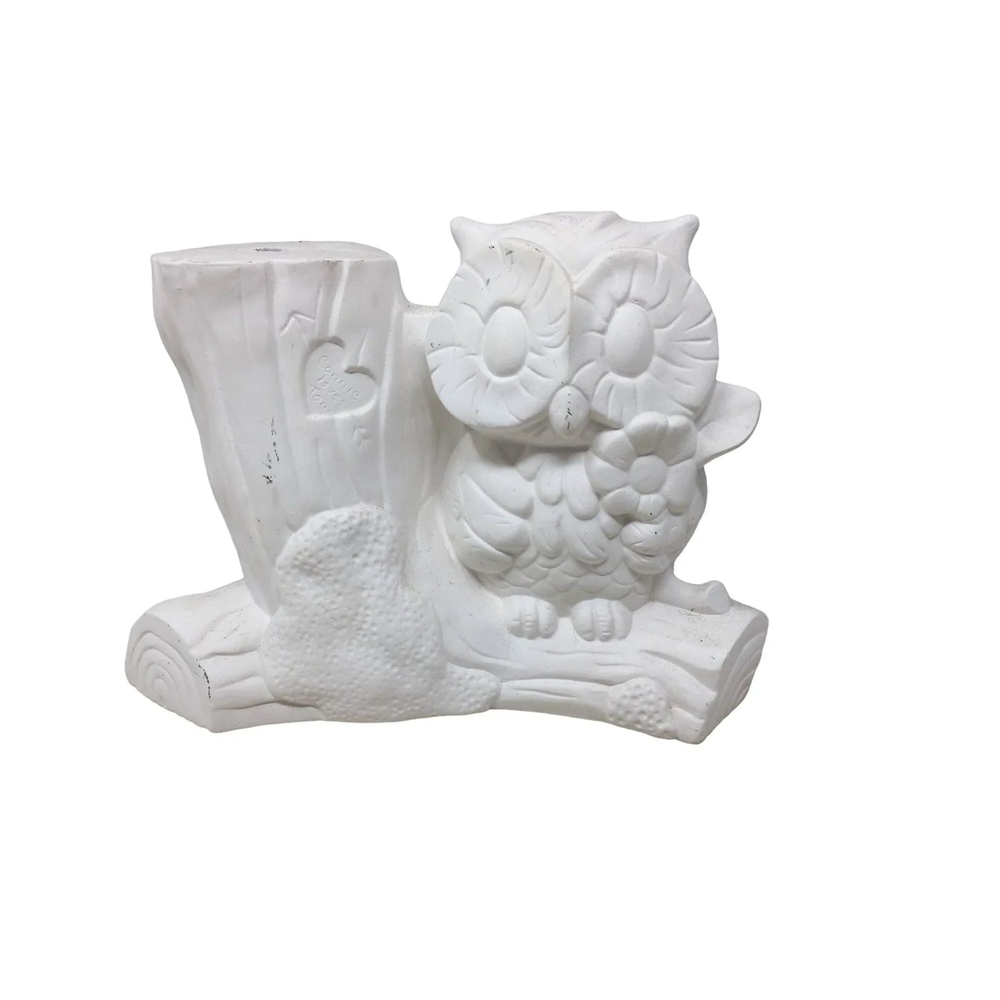 "Connie Loves Tom" Heart on Log with Owl Ceramic Gift or Decor - Cute Fun Ready to Paint or keep as is A+ Stuff A+ Stuff